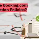 A person looking at a laptop screen with a Booking.com website open, featuring a calendar and travel options. Text overlay reads: "Booking.com Cancellation Policies: Know Your Options._airticketone.com